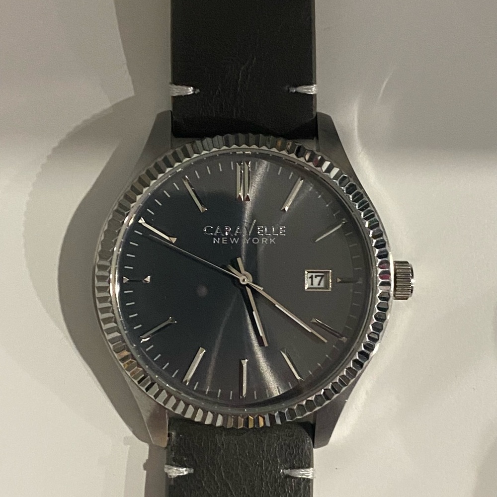 Caravelle Silver Watch Case with green Leather Strap - Picture 2 of 4